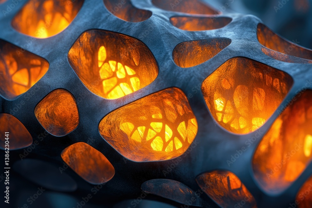 Aufkleber A macro shot of a porous structure with orange illuminated cells within a matrix.
