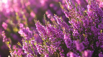 Fototapeta premium Beautiful heather flowers in bloom close up shot nature photography floral background purple flower blossom