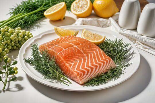 raw wild salmon on a white plate selective focus taken in daylight concept norve&ccedil; somon