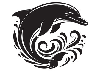 dolphin logo design vector silhouette illustration, dolphin logo icon silhouette, black silhouette of a dolphin jumping, a silhouette black and white dolphin on white background	