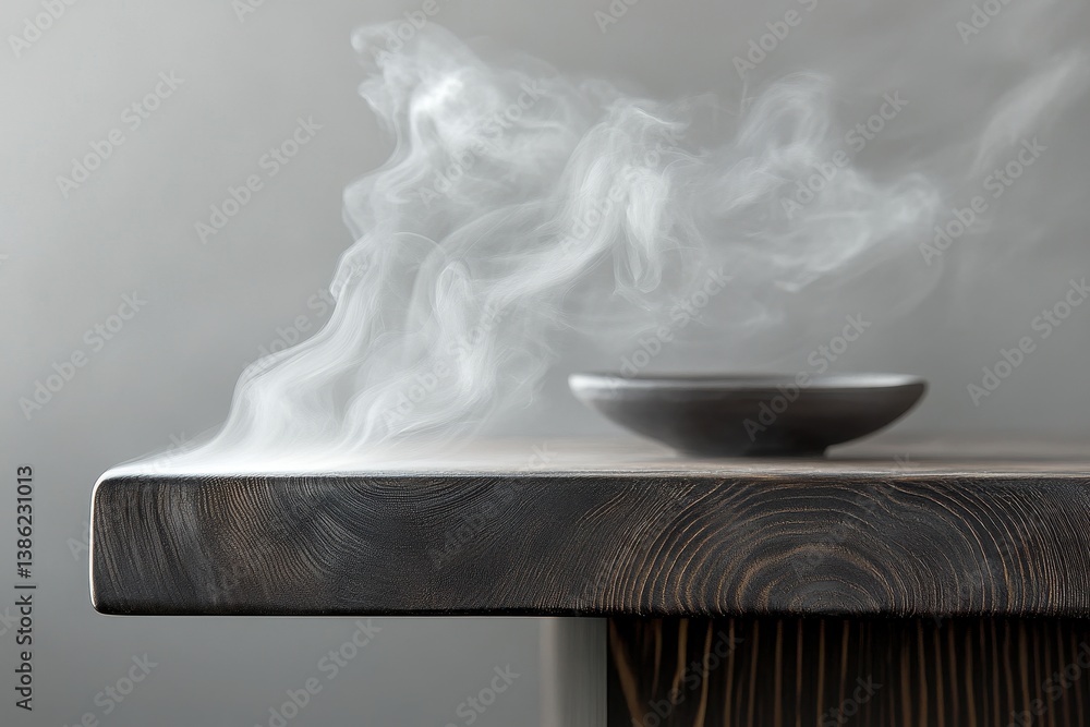 Poster steam rises gracefully from a dark, smooth bowl resting on a rustic wooden table in a softly lit roo
