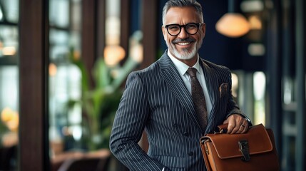 businessman with grey hair and glasses wearing a striped suit and brown tie in elegant office interior