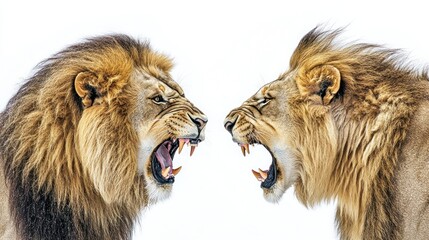Two lions locked in a fierce confrontation.  Their mouths agape, showcasing sharp teeth, ready to engage in battle.  A powerful image of strength and aggression