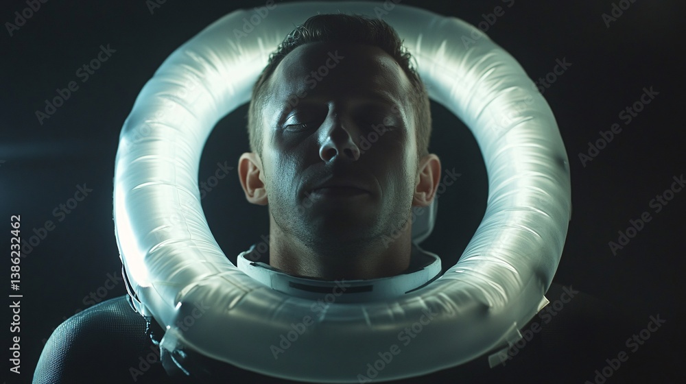 Poster astronaut floating in spaceship with eyes closed