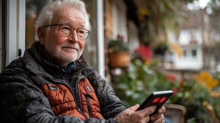 Obraz premium Senior man on porch using tablet, looking thoughtfully.