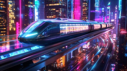 Futuristic City Night Scene Elevated Train Modern Transportation Neon Lights Cyberpunk Style Digital Art High Tech Railway System Advanced Technology 