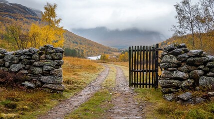 Autumn landscape scenic view of gate and stone wall in rural area for travel and nature photography