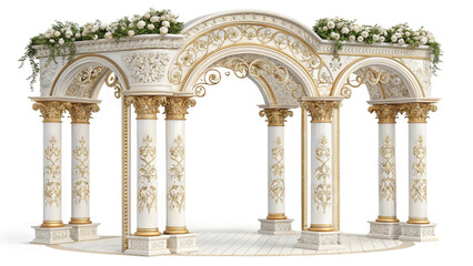 Fototapeta premium Antique arch with richly decorated snow-white columns with golden stucco isolated on white background, wedding mood, wedding venue for ceremony