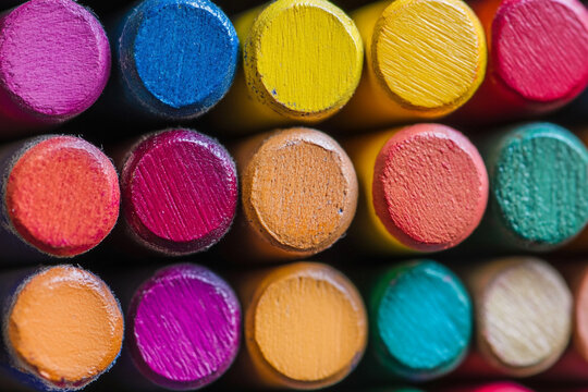 Colored Pencils Close-up Showing Array of Vibrant Colors and Wood Texture