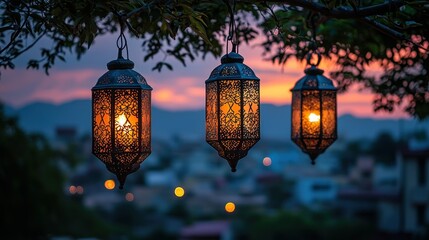 Obraz premium Sunset Serenity: Three Ornate Lanterns Hanging from a Tree Branch