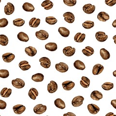 Watercolor illustration of coffee beans seamless pattern on white. Realistic style. Suitable for packaging design, logos, posters, menus, advertising for coffee brands, and cafes
