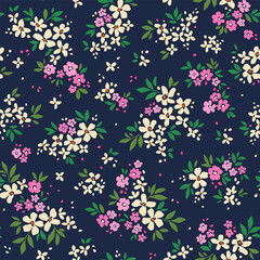 Beautiful floral pattern in small abstract flowers. Small white and pink flowers. Dark blue background. Ditsy print. Floral seamless background. Easter spring template print. Stock vector