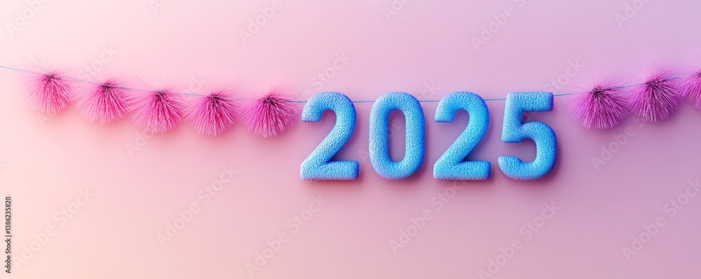 Aufkleber fluffy string with 2025 numbers hanging on pink background
