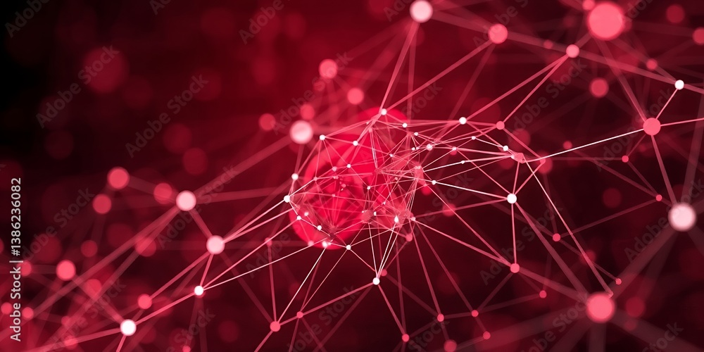 Poster abstract red network digital connections lines dots background art web data mesh nodes point design