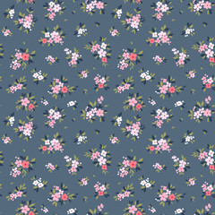 Beautiful floral pattern in small vintage flowers. Small white and pink flowers. Light gray background. Ditsy print. Floral seamless background. Elegant template for fashion prints. Stock pattern.