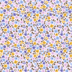 Beautiful floral pattern in small vintage flowers. Small pink, lilac and yellow flowers. White background. Ditsy print. Floral seamless background. Gentle Easter template for fashion prints. Stock
