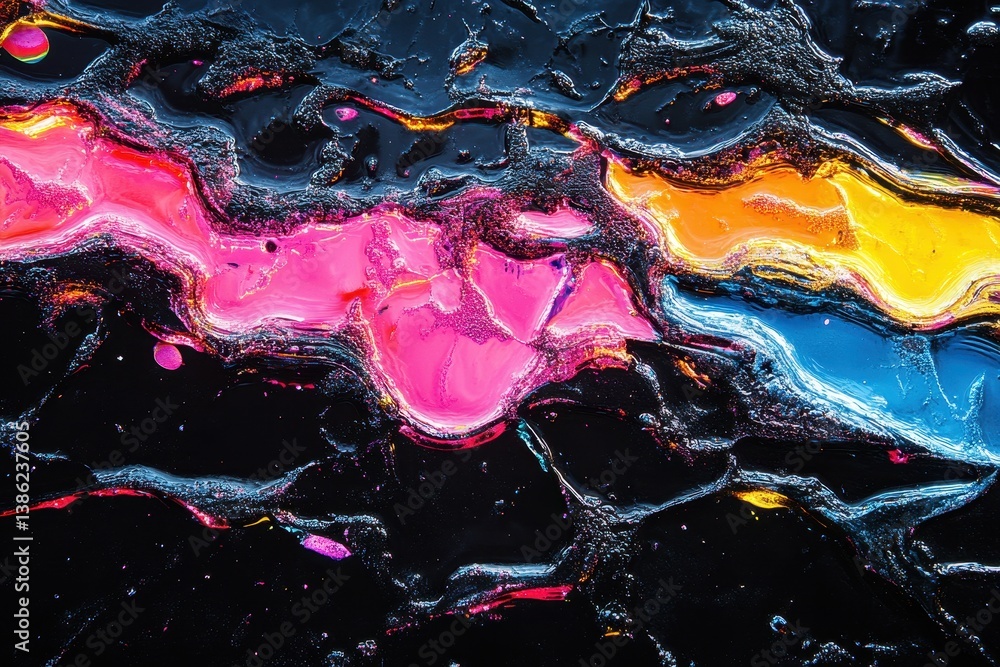 Poster vibrant neon lights reflect on wet pavement, creating a colorful wavy atmosphere with a dynamic disp