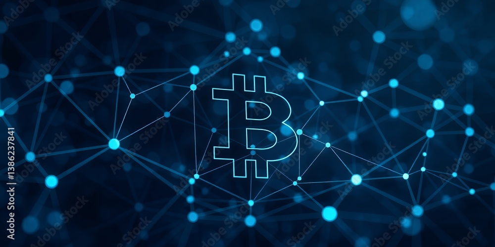 Poster abstract bitcoin network digital currency blockchain technology blue dark data money lines nodes