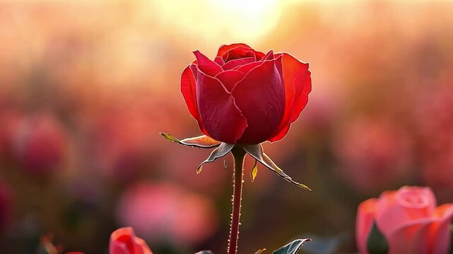 This close-up image showcases a striking red rose surrounded by a sea of blossoms. Its rich color and detail make it ideal for floral art or romantic themes. AI