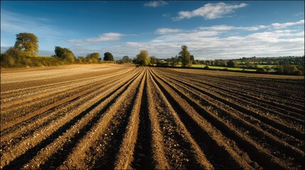 A pleasing depiction of the land, ploughed fields with rows and furrows in the countryside, a clear blue sky, late afternoon light