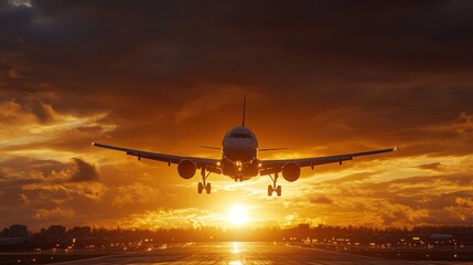 Sunset Airplane Landing: Golden Hour Flight
