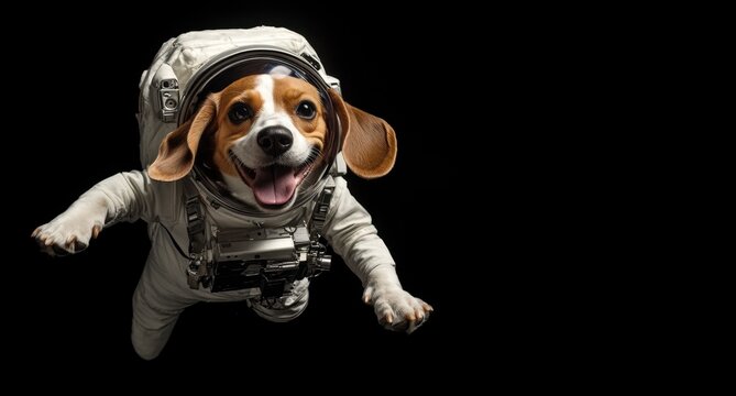 Dog Astronaut Floating in Space Suit Against Black Background