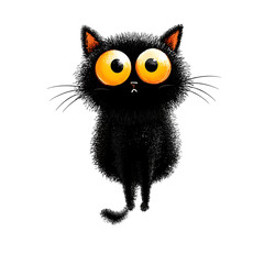 Fototapeta premium A cartoon black cat with big yellow eyes stares with a slight frown against a solid black background, showcasing a blend of cute and quirky.