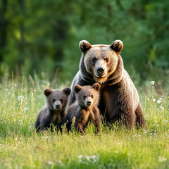 Brown bear mother with two cubs on green meadow with copy space