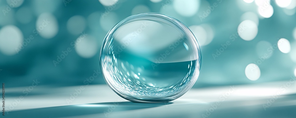 Aufkleber glass sphere casting shadow on turquoise background with bokeh