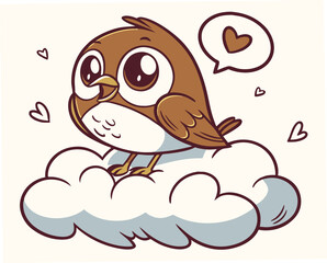 Obraz premium Cute cartoon bird expressing love on a fluffy cloud 