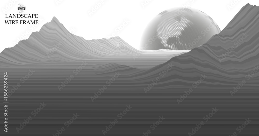 Poster abstract digital representation of a surface with a 3d wireframe grid pattern, showcasing peaks and 