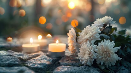 Soft memorial scene with white chrysanthemums and glowing candles on a stone background, peaceful composition