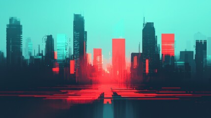 Futuristic City Skyline with Glowing Data Overlay and Neon Hues