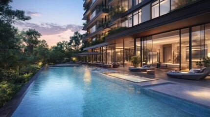 Fototapeta premium Luxury Poolside Residence at Dusk: Serene Evening by the Infinity Pool
