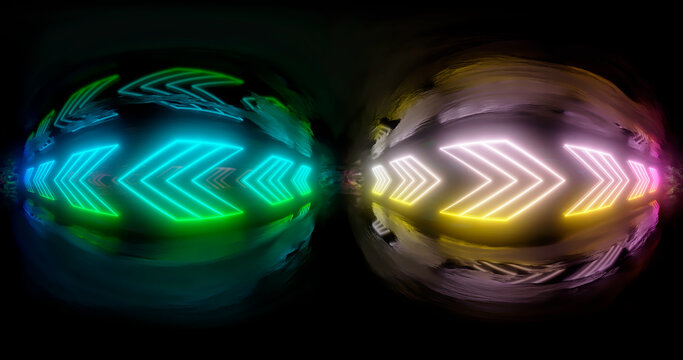 3d rendering. 360 degree spherical seamless vr panorama. Abstract empty dark interior with neon lighting, HDRI environment map of exhibition gallery with glossy walls.