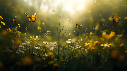 A meadow filled with butterflies fluttering around blooming wildflowers and buzzing bees.A meadow filled with butterflies fluttering around blooming wildflowers and buzzing bees.