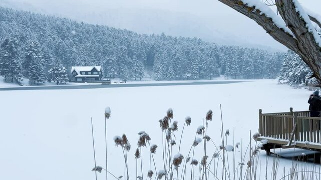 Bolu Golcuk National Park, lake wooden house on a snowy winter day in the forest in Turkey