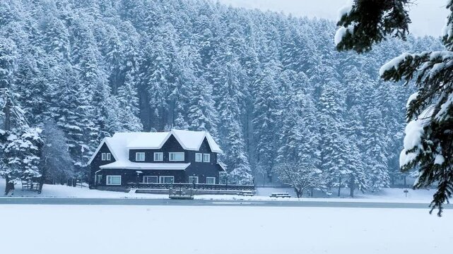 Bolu Golcuk National Park, lake wooden house on a snowy winter day in the forest in Turkey