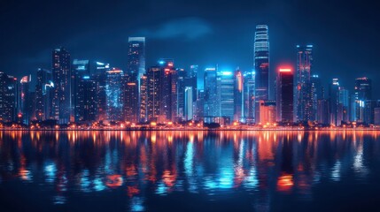 Fototapeta premium Neon Cityscape: Nighttime Reflection of Modern Metropolis