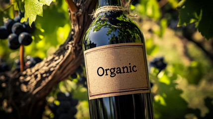 A bottle of organic wine on the background of vineyards.