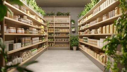 A modern wellness shop featuring shelves filled with organic products, herbal remedies, and natural supplements, surrounded by greenery for a refreshing and calming atmosphere.