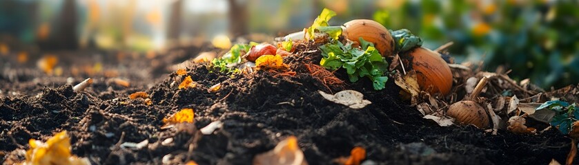 Obraz premium A vibrant compost heap featuring a mix of organic materials, including leaves, vegetables, and soil. This image highlights the importance of composting in sustainable gardening.