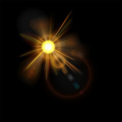 Sun with a shining halo and numerous rays on a black background. Lens flare effect, with concentric rings, adding a sense of depth and realism. EPS10 vector illustration.