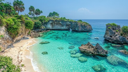 Fototapeta premium Secluded Tropical Beach Paradise: Azure Waters, White Sand, and Dramatic Cliffs