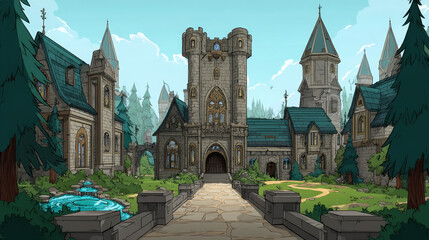 Obraz premium Cartoon landscape inside knight castle, vector unending background with separated layers for game.