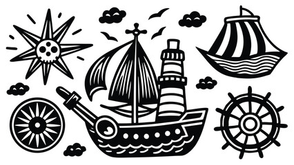 Pirate Adventure & Sea Elements – Hand-Drawn Doodle Vector Set

