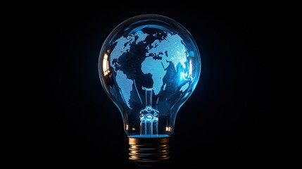 A blue lightbulb with a world map inside glows brightly against a stark black backdrop. --ar 16:9 --style raw --stylize 250 --v 6.1 Job ID: 073dd6ae-4074-4851-bc6a-35c22c3d99be
