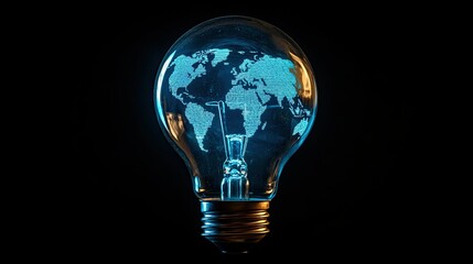 A blue lightbulb with a world map inside glows brightly against a stark black backdrop. --ar 16:9 --style raw --stylize 250 --v 6.1 Job ID: 073dd6ae-4074-4851-bc6a-35c22c3d99be