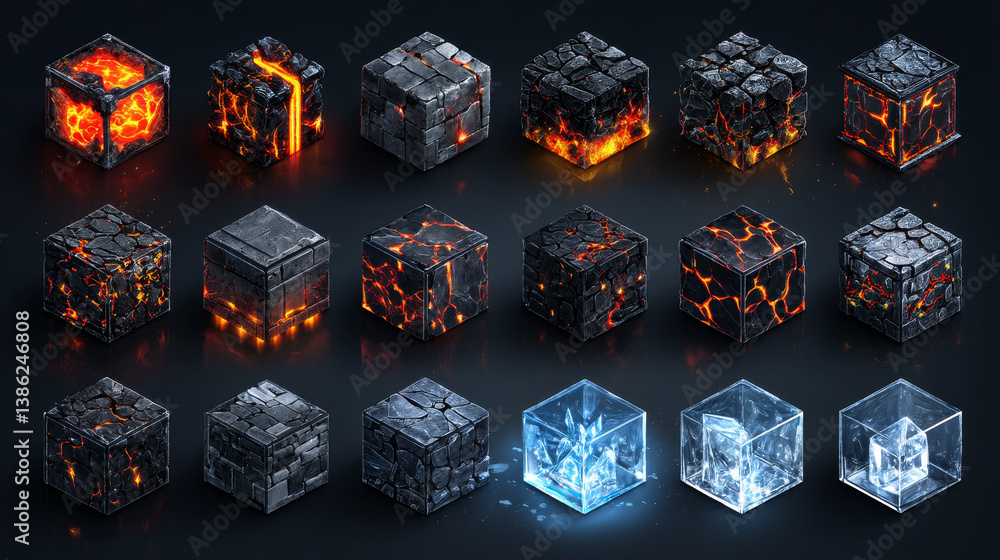 Poster isometric game nature brick cubes set. vector lava cube, stone and ice cube design elements for game
