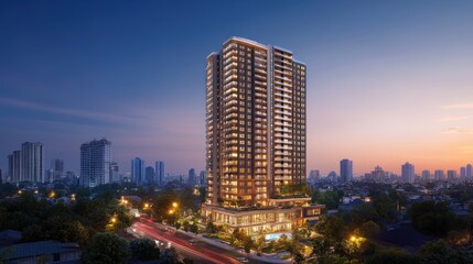 Naklejka premium Luxury High-Rise Residential Building at Dusk
